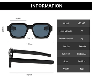 Detailed size specifications and dimensions for women's square frame fashion sunglasses