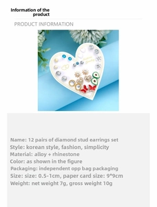 Set of 12 pairs of stud earrings featuring hearts and flowers with rhinestone details