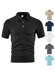 Detail view of waffle texture polo shirts in black, khaki, navy, white, grey and blue