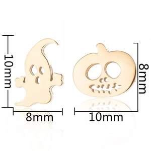 Cute Halloween ghost and pumpkin asymmetric earrings in gold finish measuring 10mm