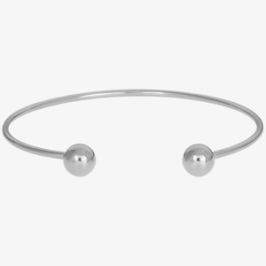 Detail of silver 304 stainless steel open cuff bracelet with minimalist dual bead design