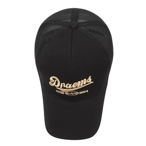 Black mesh baseball cap with gold 'Draems' embroidery and breathable trucker design
