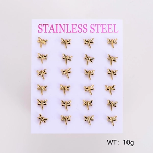 Detailed set of twelve pairs of golden stainless steel dragonfly stud earrings on a card