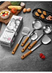 Detailed view of 5-piece stainless steel kitchen tool set with wood-grain handles and box
