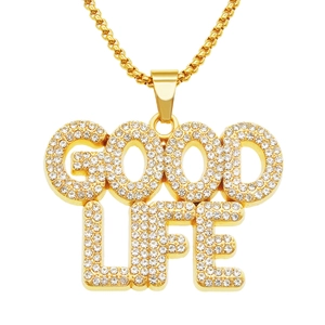 Good Life Letter Pendant Necklace Rhinestone Alloy Iron Jewelry Hip Hop Streetwear Style Long Box Chain For Men Women