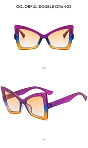 Front and side views of butterfly sunglasses with gradient purple blue orange frames