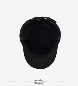 Detail of warm winter hat interior with ear flaps and adjustable buckle for elderly men