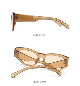 Detailansicht der bernsteinfarbenen Cat-Eye-Sonnenbrille mit Seiten- und Rückansicht