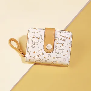 Cute Japanese style small cat wallet for women in white PU leather with hand strap