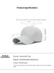 Size chart showing adjustable 55-60cm circumference for lightweight quick-dry baseball cap