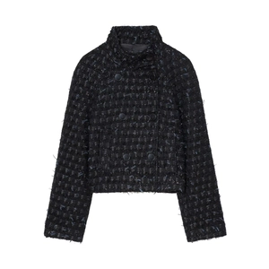 Women Tweed Jacket Metallic Thread Double Breasted Stand Collar Short Outerwear Elegant Long Sleeve Fringe Edge Casual