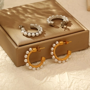 French vintage C-shape stainless steel earrings with inlaid pearls in gold and silver