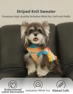 Close-up of rainbow striped pet sweater with faux mink fur texture and ribbed cuff details