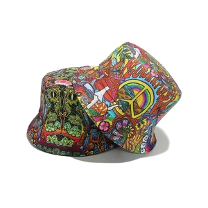 Double-sided reversible graffiti bucket hat with colorful flower and hippie art patterns