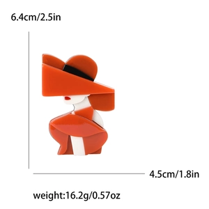 Detailed view of red acrylic cartoon lady brooch with size and weight specifications