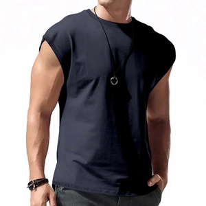 Deep blue sleeveless tank top for men featuring a crew neck and loose athletic fit