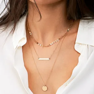 Stainless Steel Triple Layered Necklace For Women Minimalist Geometric Bar Round Coin Pendant Multilayer Jewelry Fashion Necklaces