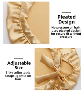 Detail of pleated champagne silk sleep cap with adjustable bow strap for hair care