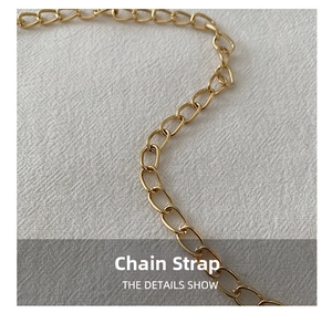 Close-up of flat oval link golden metal chain strap for stylish woven handbags
