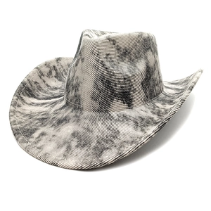Vintage western cowboy hat with black and white tie-dye corduroy and wide brim