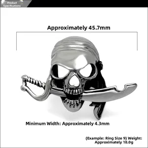 Detailed view of skull pirate ring showing dimensions 45.7mm and polished silver finish