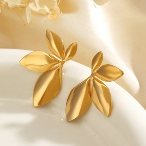Stainless Steel Leaf Flower Stud Earrings Vintage Minimalist French Style Asymmetric Floral Jewelry For Women
