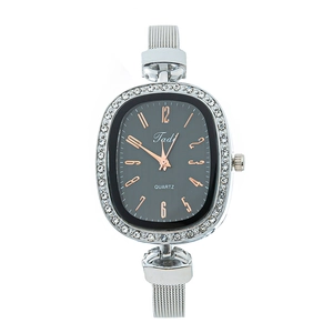 Fashion women's quartz watch with black oval dial, rhinestone bezel and silver mesh strap