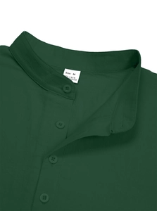 Close-up of stand collar and fabric texture on dark green linen casual shirt for men