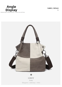 Detail of grey and beige canvas tote bag with adjustable shoulder strap and metal rings