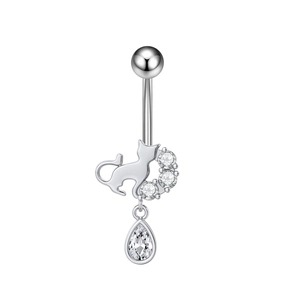 Detailed view of silver cat navel ring with zircon accents and teardrop pendant charm