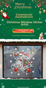 Detailed UV printed Christmas bell window stickers on glass for festive shop decoration