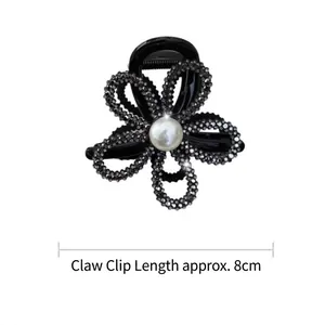 Elegant 8cm black sunflower hair claw clip with grey rhinestones and a white faux pearl