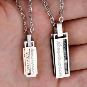 Stainless Steel Pendant Necklace With Cubic Zirconia Engraved Love Devotion Bar Jewelry Gift For Couples