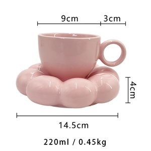 Pink ceramic petal coffee cup and saucer set with detailed 220ml capacity and size dimensions