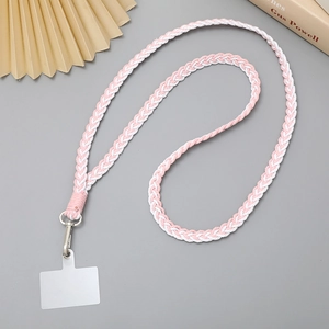 Pink and white braided phone lanyard detail with silver metal hook and clear patch