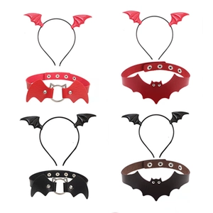 Halloween Bat Wings Headband Hair Clips And Choker PU Leather Lace Gothic Devil Party Costume Accessories