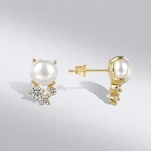 Artificial Pearl Zircon Stud Earrings Gold Plated Copper With 925 Sterling Silver Earring Post Elegant Minimalist Jewelry For Women