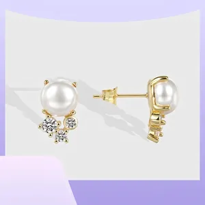 Artificial Pearl Zircon Stud Earrings Gold Plated Copper With 925 Sterling Silver Earring Post Elegant Minimalist Jewelry For Women