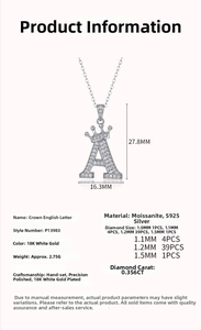Detailed size specifications of 925 silver crown letter A pendant with moissanite stones