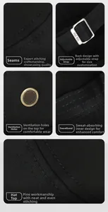 Detail of black cotton flat top hat featuring metal buckle and breathable eyelets
