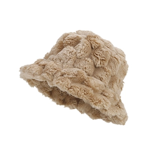 Winter khaki plush bucket hat featuring vintage checkerboard texture and faux fur finish