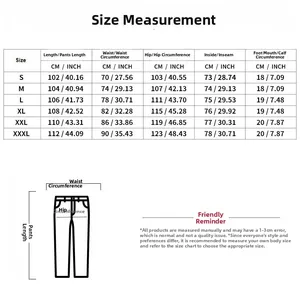 Detailed size chart for men's plaid casual pants with measurements in cm and inches