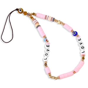 Bohemian LOVE letter beaded phone strap with pink clay discs and evil eye charm