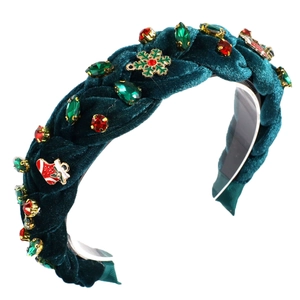 Green velvet braided Christmas headband with festive rhinestones and gold snowflake charms