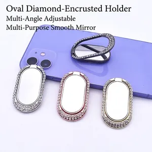 Oval Rhinestone Phone Ring Holder Zinc Alloy Mirror Finish Finger Grip Stand For Universal Smartphone Foldable Kickstand