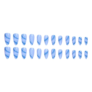 24-piece set of light blue stiletto press-on nails with marble water ripple patterns