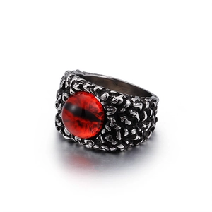 Gothic punk men's ring with red eye stone in vintage silver stainless steel