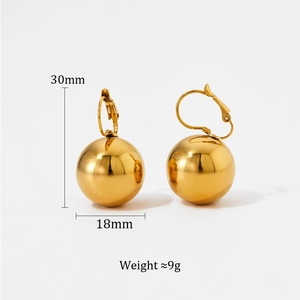 Detail view of gold hollow ball earrings showing 30mm height and 18mm width dimensions