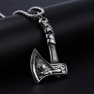Vintage Viking double-sided battle axe necklace in antique silver stainless steel