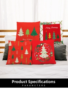 Set of four red Christmas pillow covers with diverse festive tree patterns on a bed
